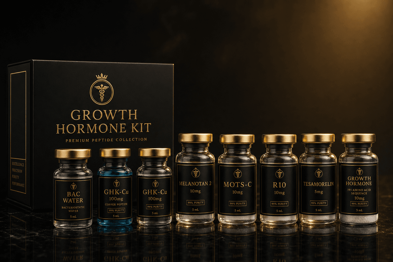 Premium research peptide vial wrapped in flowing gold liquid